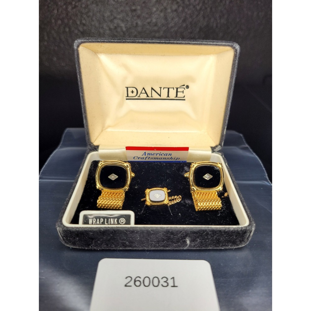Dante Wrap Link Cufflinks Tie Tack Set Gold Tone Black Square American Made